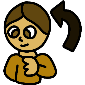  a yellow-orange person with light brown hair, a desaturated orange shirt, and a hand raised to their chest, looking down. a brown arrow points at their head. 